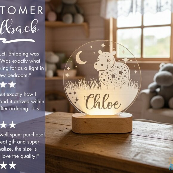 Hippo Night Light – Personalized LED Baby Shower Gift - Picture 7 of 8
